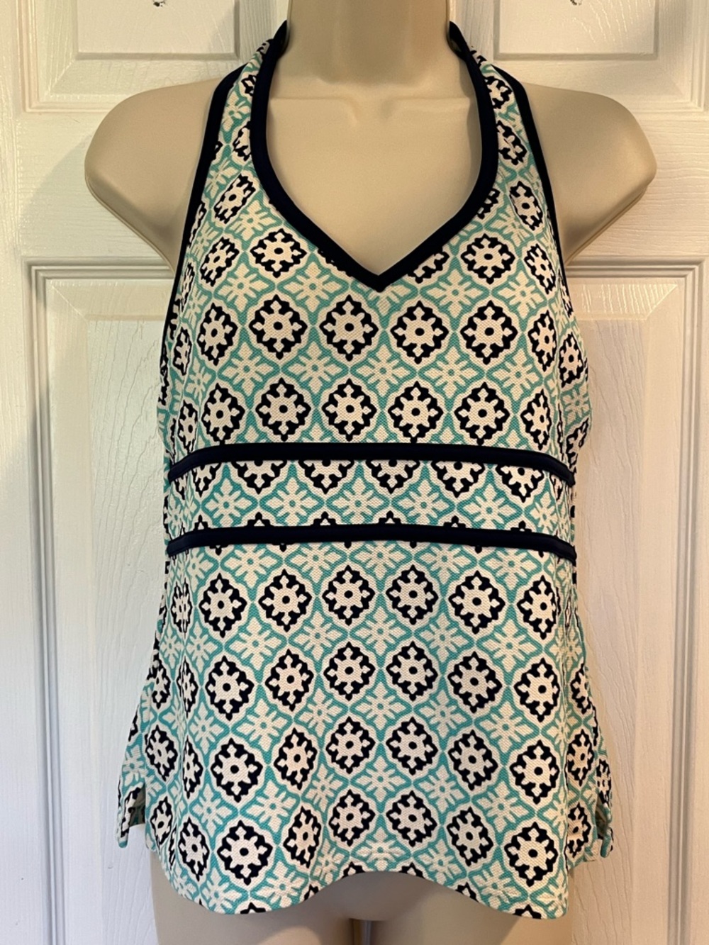 Lands' End Textured Aqua Navy Creamy White Geometric Halter Swimsuit Tankini 8